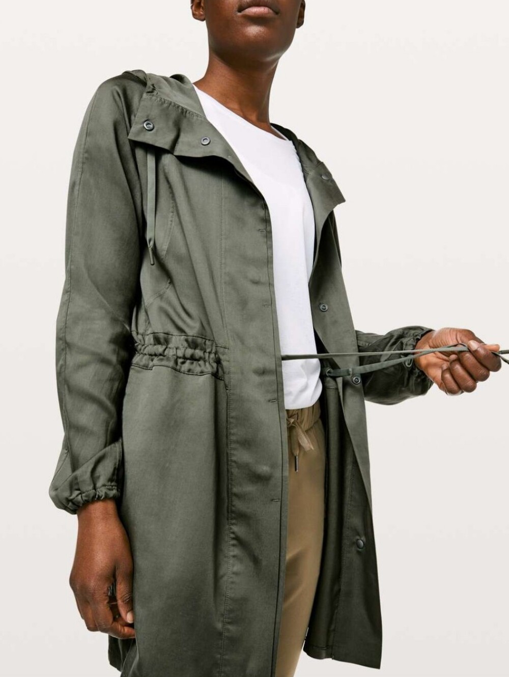 Lululemon City Stroll Jacket Gray Sage Green Hooded Snap Cinch Long Women's Sz 2
